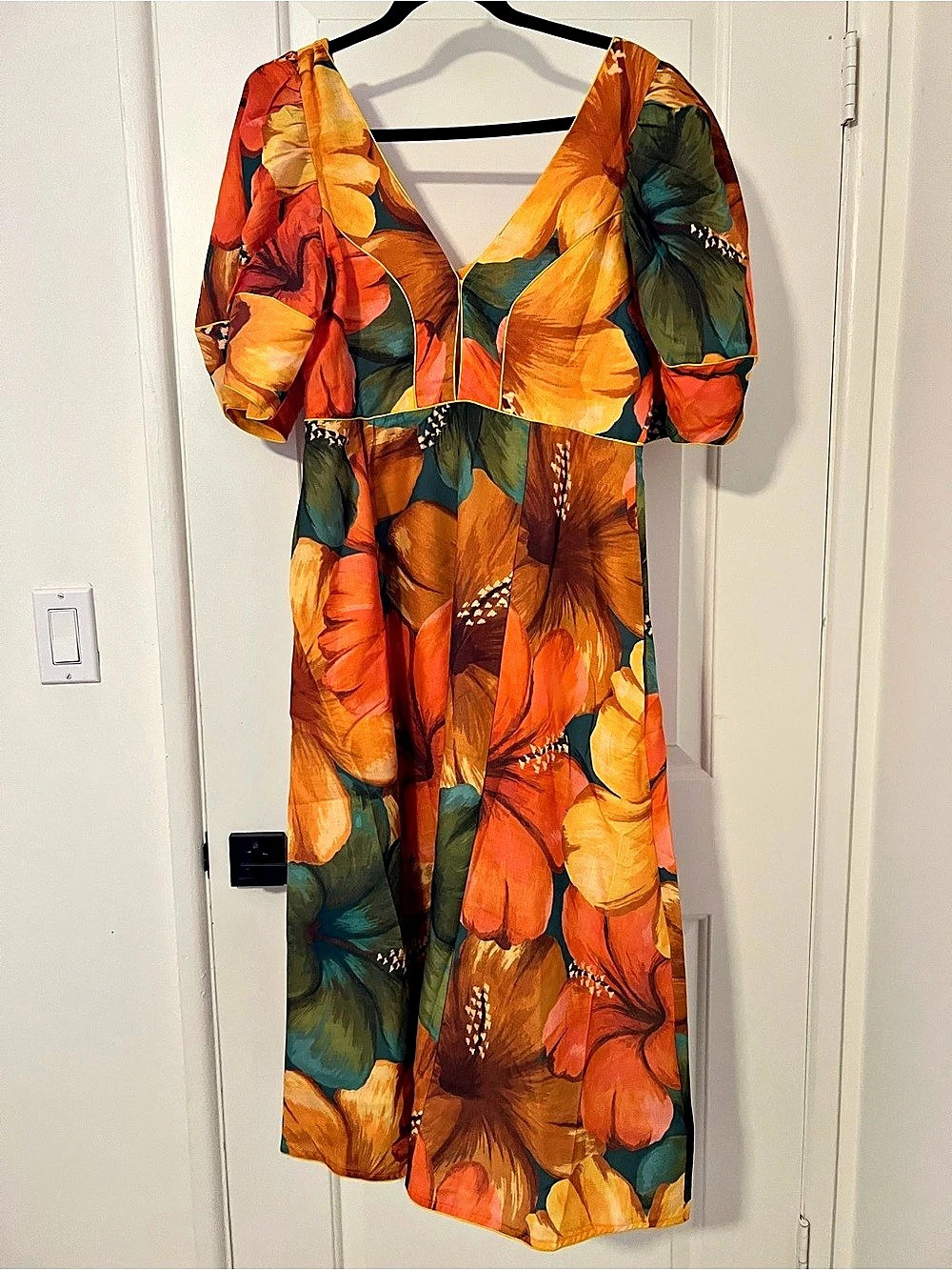 Farm Rio Printed Linen Blend Cutout Midi Dress (Tropical Cocktail) Orange & - Picture 3 of 7